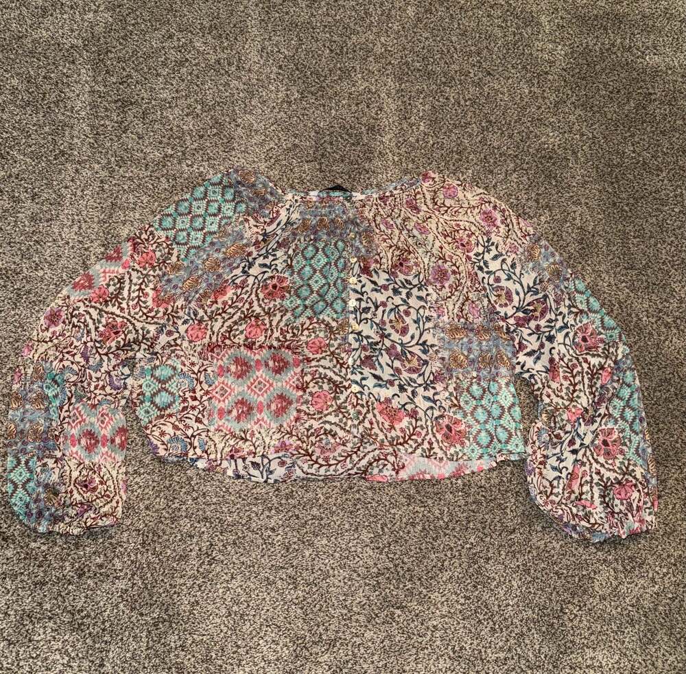 Zara Boho Patchwork Floral Print Long Sleeve Crop Top Blouse Size Large